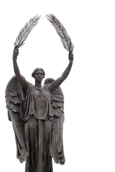 angel statue with palm branches isolated with copyspace