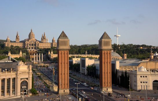 BARCELONA- July 20: Visitors around the ‘Fira', an exhibition centre receiving about 3,5 millon visitors per year and the National Palace, which host the National Catalonian Art Museum.