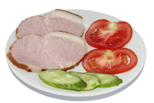 Ham in a rural way, it is thin the cut slices of a tomato and it is thin the cut slices of a cucumber on a plate on a white background