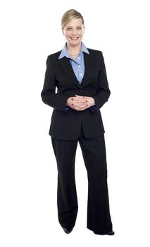 Full length portrait of caucasian businesswoman isolated over white background
