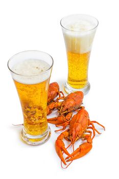 the red lobster with a glass of beer on white background