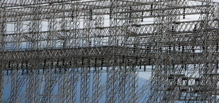 Complex steel structure of electrical power grid that takes up full frame