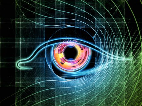 Background design of eye outlines, fractal and abstract design elements on the subject of modern technologies, mechanical progress, artificial intelligence, virtual reality and digital imaging