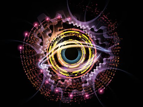 eye outlines, fractal and abstract design elements arrangement suitable as a backdrop in projects on modern technologies, mechanical progress, artificial intelligence, virtual reality and digital imaging