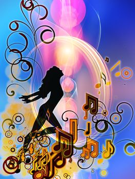 Design composed of girl silhouette, notes, lights and abstract design elements as a metaphor on the subject of music, song, performance and dance