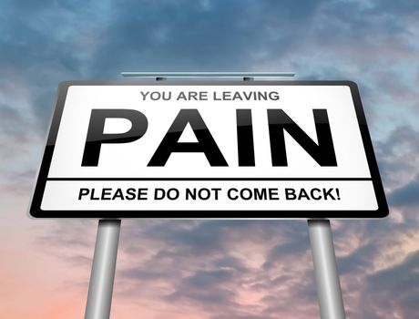 Illustration depicting a green roadsign with a pain concept. Sunset background.