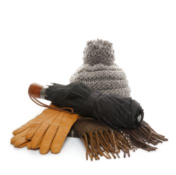 Arrangement of Autumn Accessories with Hat, Glove, Scraft and Umbrella isolated on white background
