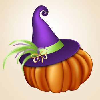 Halloween orange pumpkin with violet witch hat