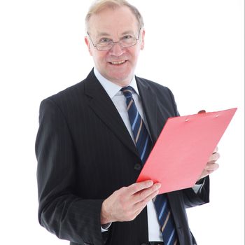 Smiling middle-aged business man holding a red clipboard isolated on white 