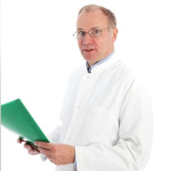 Middle-aged pathologist in labcoat holding a green patient folder and discussing his results facing the camera Pathologist in labcoat holding a green patient folder and discussing his results facing the camera 