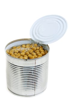 Open a bank with green peas on a white background