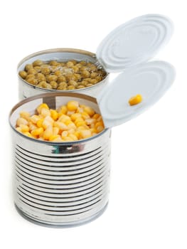 Two open Aluminium cans of corn and green peas