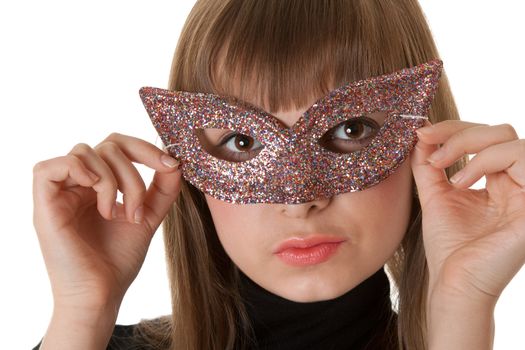 Beautiful girl wearing a mask on white background