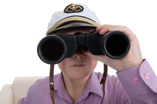 Strict boy with glasses and a cap Captain
