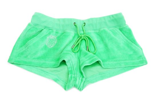Women's green shorts with a pattern in the form of strawberries on a white background