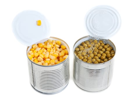 Two open Aluminium cans of corn and green peas