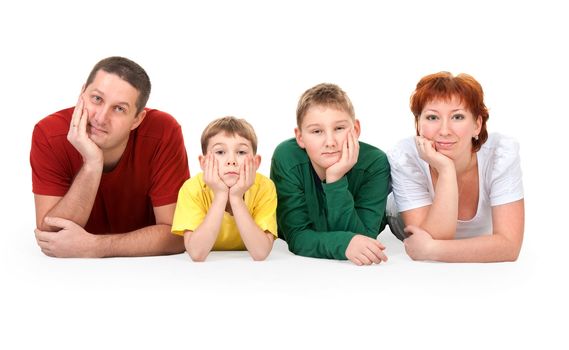 family of four on the floor on a white background