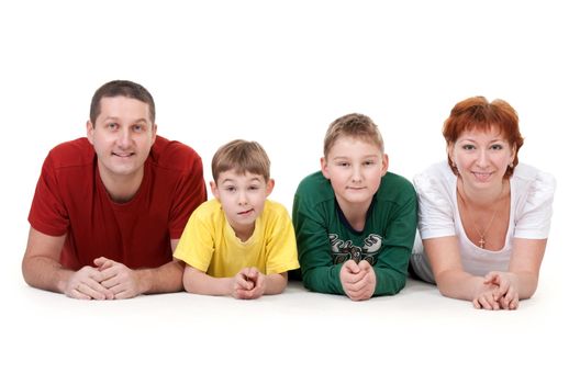 family of four on the floor on a white background
