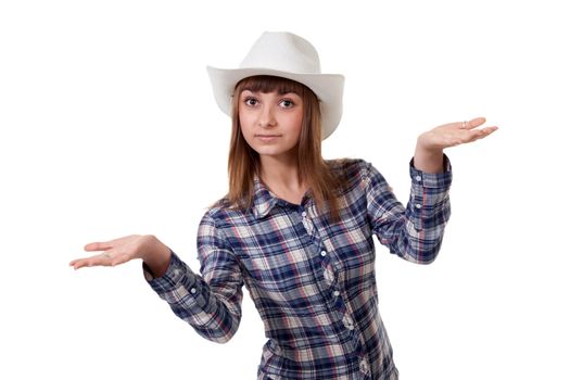 girl wearing a hat in a plaid shirt with a white background
