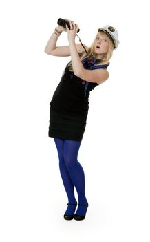 girl in blue tights with binoculars on a white background