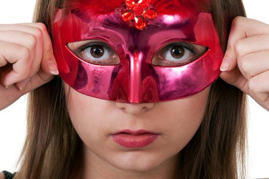 portrait girl in the red masquerade mask on a white background