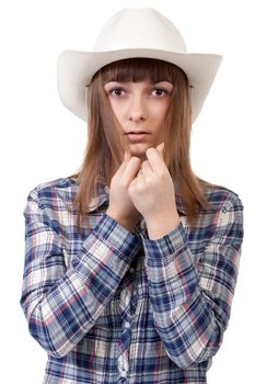 portrait of a girl in a hat covering the face hair