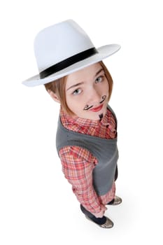 girl with painted mustaches and bowler hats on white background