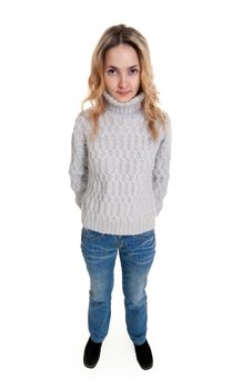 girl in a sweater with a white background