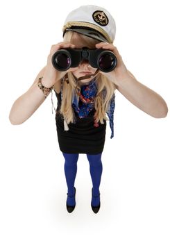 girl in blue tights with binoculars on a white background