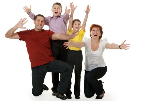 family of four is rejoicing on a white background