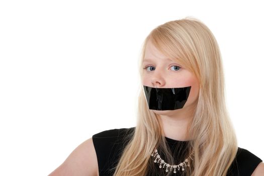 beautiful girl with her mouth sealed with black tape