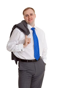 Man in a shirt and tie with a jacket over his shoulder