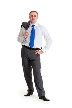 Young businessman in a blue tie with a jacket over his shoulder