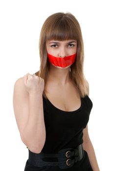 beautiful girl with her mouth sealed with red tape
