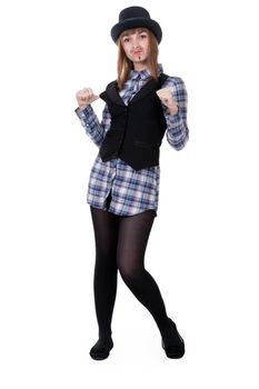 girl with painted mustaches and bowler hats on white background