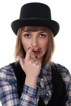 girl with painted mustaches and bowler hats on white background