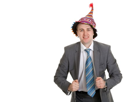 businessman in a colored cap on a white background