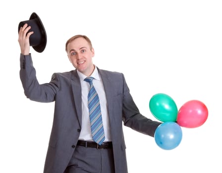 businessman in a black hat with inflatable colored balls
