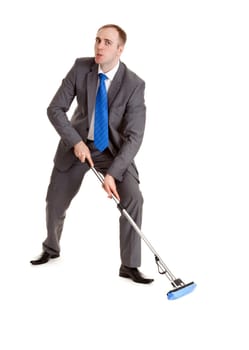 Businessman in a gray suit with a blue mop