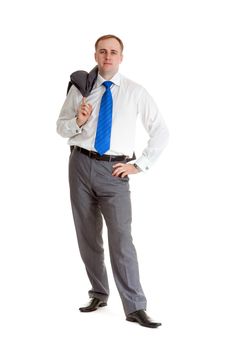 Man in a shirt and tie with a jacket over his shoulder