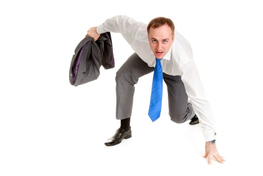 Man in gray suit and blue tie prepares to run