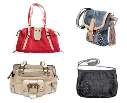 collage of four handbags isolated on a white background. Image composed of multiple photos