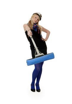 girl in blue tights with a mop on a white background