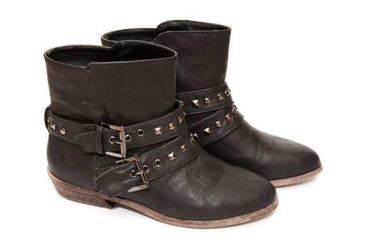 pair of black leather women's boots on a white background