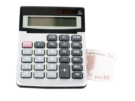 Electronic calculator, and note 10 euros on a white background