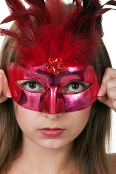 portrait girl in the red masquerade mask on a white background