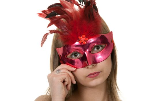 portrait girl in the red masquerade mask on a white background