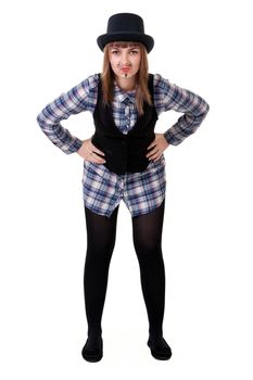 girl with painted mustaches and bowler hats on white background