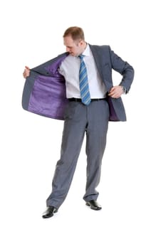 businessman looking at his jacket pocket on a white background