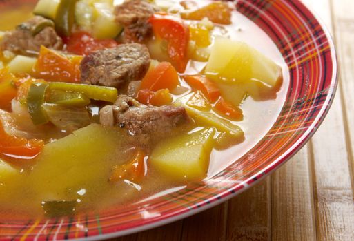 beef soup Lecho.Lecso  Hungarian  which  peppers and tomato.